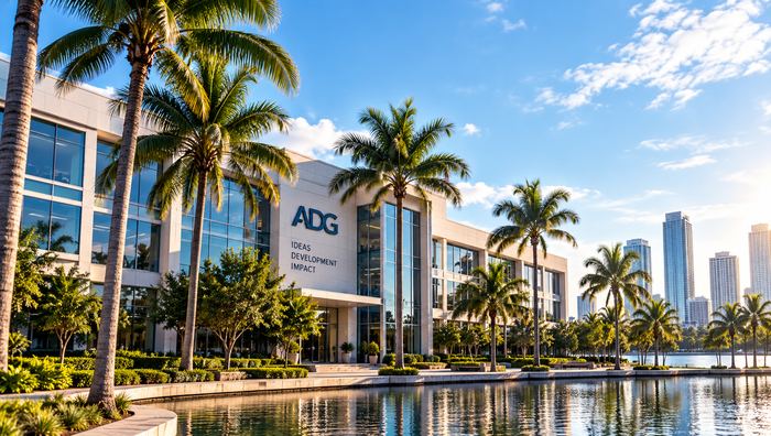 Office campus with palm trees on the waterfront